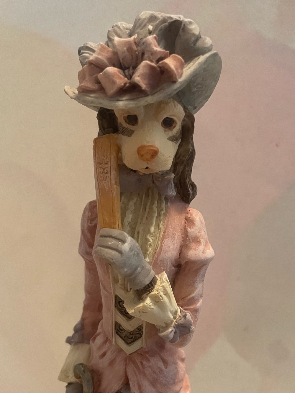 Victorian Anthropomorphic Dog Lady Figurine Pink Dress Parasol Fan 12.75 Inch